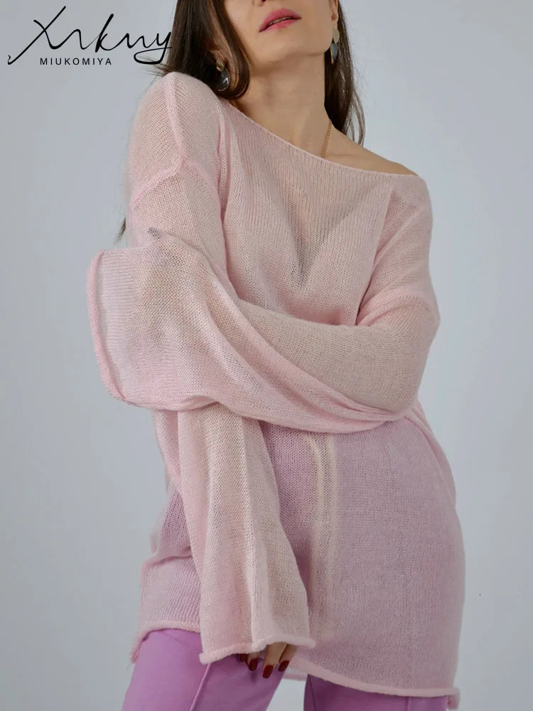 Red T Shirts Oversize Thin Knit Pullover Women Summer Trumpet Long Sleeve Shirt For Loose Top Tees Transparent Sweater 250731