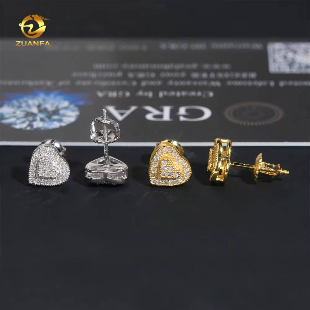 Hip Hop Style Heart Stud Iced Out GRA Certified Moissanite Diamond 925 Sterling Silver Earrings