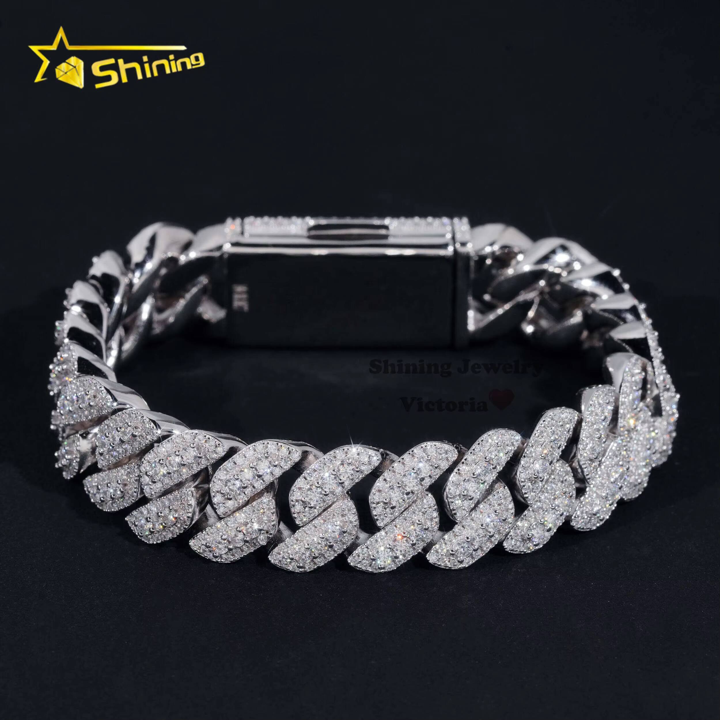 Iced Out Mens Jewelry Hip Hop Sparkle 925 Sterling Silver 15MM VVS Moissanite Diamond Three Rows Cuban Link Bracelet