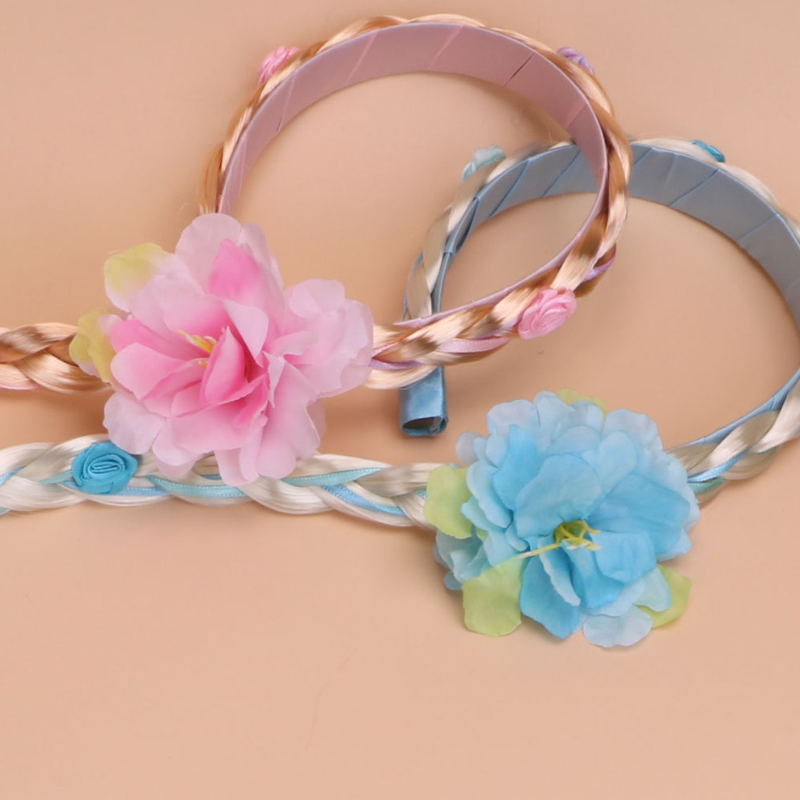 Children's wig with long braids princess style headband Snow Princess hair clip floral girl's hair accessory butterfly and flower decoration