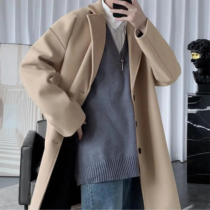 Fashion Mens woolen Coats Solid Color Single Breasted Lapel Long Coat Jacket Casual Overcoat Trench Spring and Autumn 250729