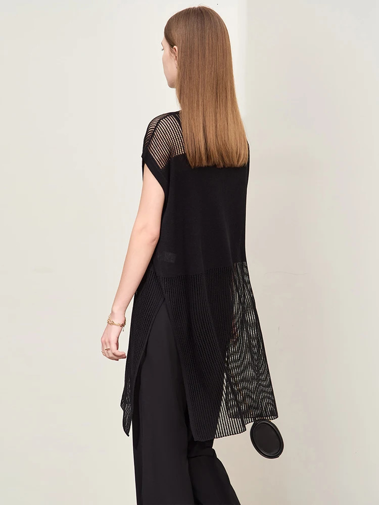 Amii Minimalism Spring Hollow Out Wool Knit Sweater For Women Loose Round Neck Long High Open Fork Female Tops 12442298 250731