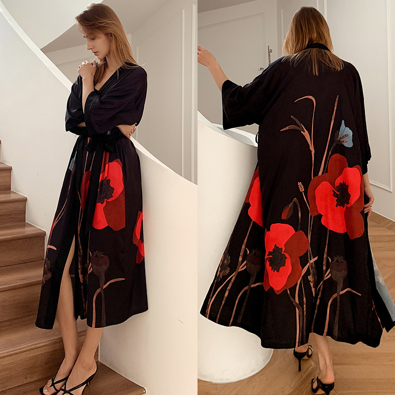 High - quality light - luxury new Chinese - style long - sleeve ice - silk pajamas for women Printed nightgown for spring and autumn with V - neck loo