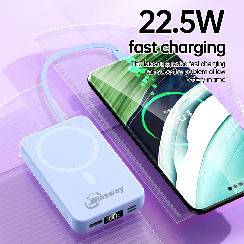 Winsway 10000mAh Foldable Magnetic Power Bank with Stand, 22.5W Two-Way Fast Charging, 15W Magnetic Charging, Includes USB/Type-C Cable, HD LED Displa