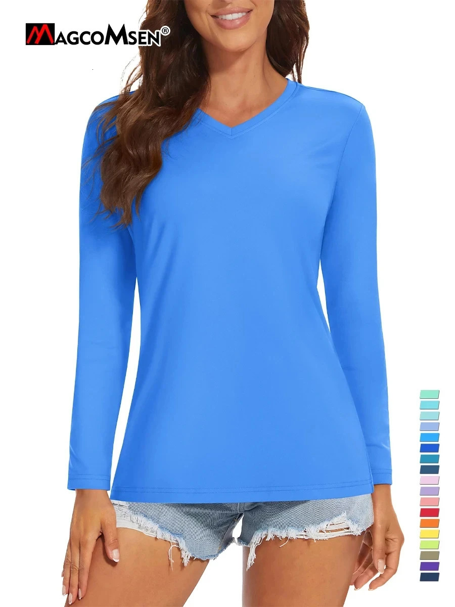 MAGCOMSEN Womens Sun Protection Hiking TShirt UPF50 UVproof Long Sleeve Shirts Vneck Summer Quick Drying Gym Workout Tees 250731