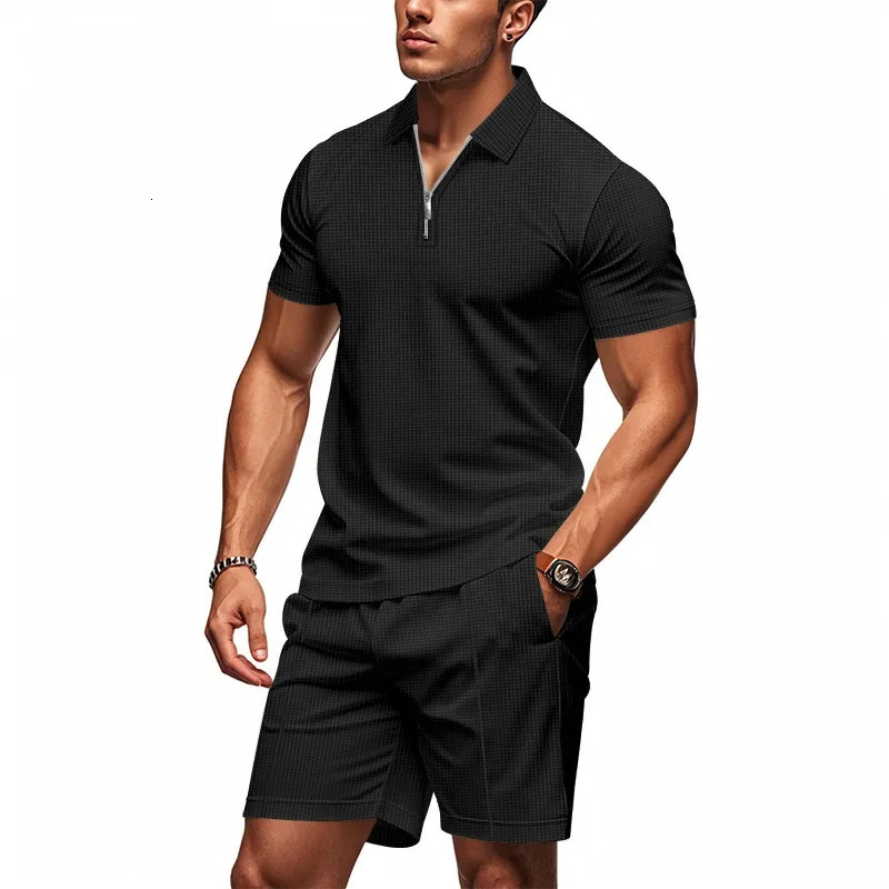 Crossborder American summer zipper shortsleeved POLO shirt casual shorts suit men 250724