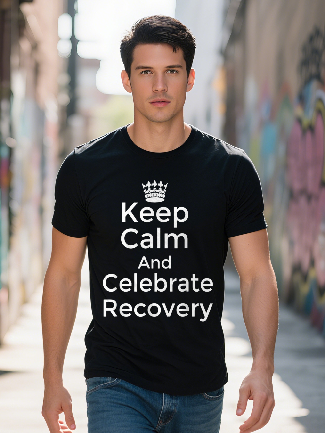 Men's Keep Calm Recogrammen Grammen Recovery Pattern - 100% Cotton, Short Sleeve, Crew Neck, Black with White Text, and Supportive Design, Suitab
