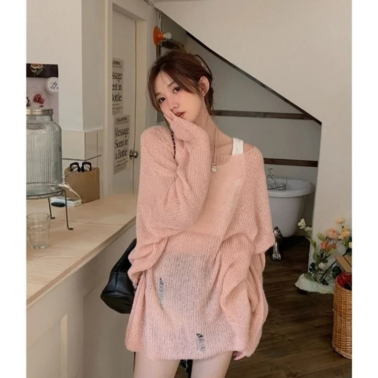 Sweet Lazy Hole Hollow Out Sunscreen Tops Women Summer Slash Neck Long Sleeve Sweaters Loose Allmatch Knitted Pullover 250731