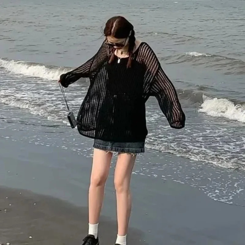 PTKPCC Female Personality Loose Casual Solid Pullovers Women Breathable Hollow Out Lazy Style Japanese Version Sweater Summer 250731