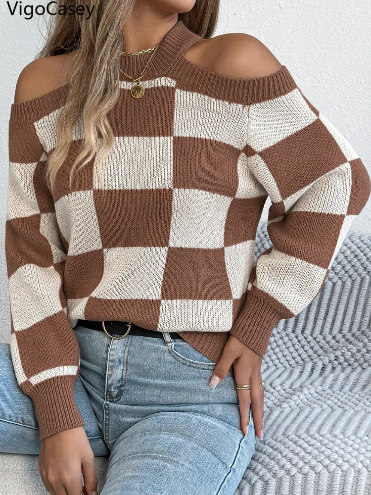 VigoCasey Winter Casual Off Shoulder Knitted Sweater Women Hollow Long Sleeve Pullover Autumn Lady Plaid Patchwork Jumper 250731