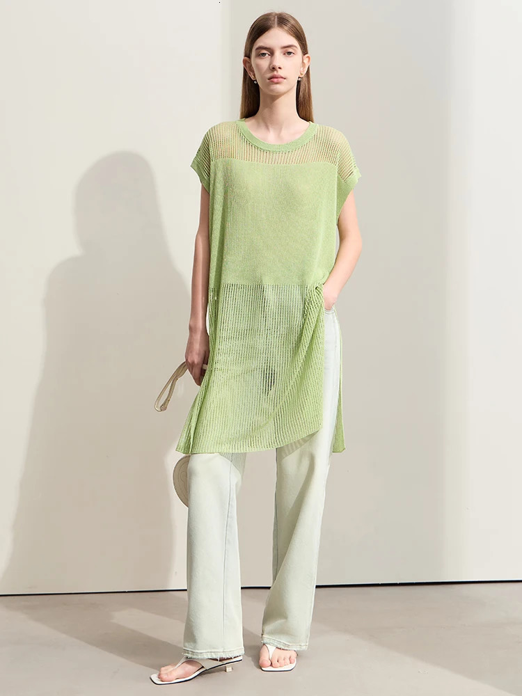 Amii Minimalism Spring Hollow Out Wool Knit Sweater For Women Loose Round Neck Long High Open Fork Female Tops 12442298 250731