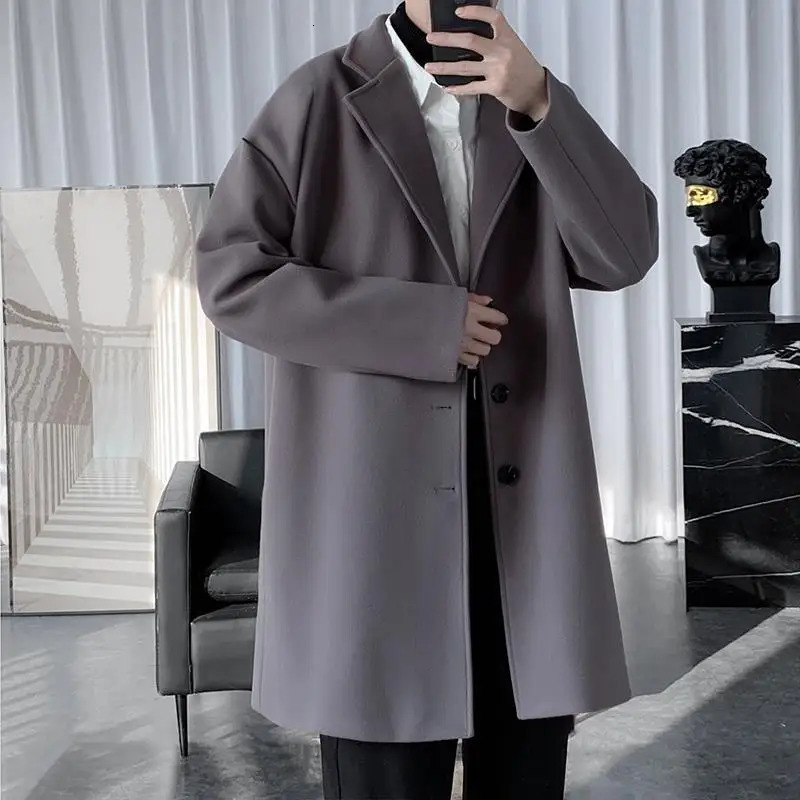 Fashion Mens woolen Coats Solid Color Single Breasted Lapel Long Coat Jacket Casual Overcoat Trench Spring and Autumn 250729