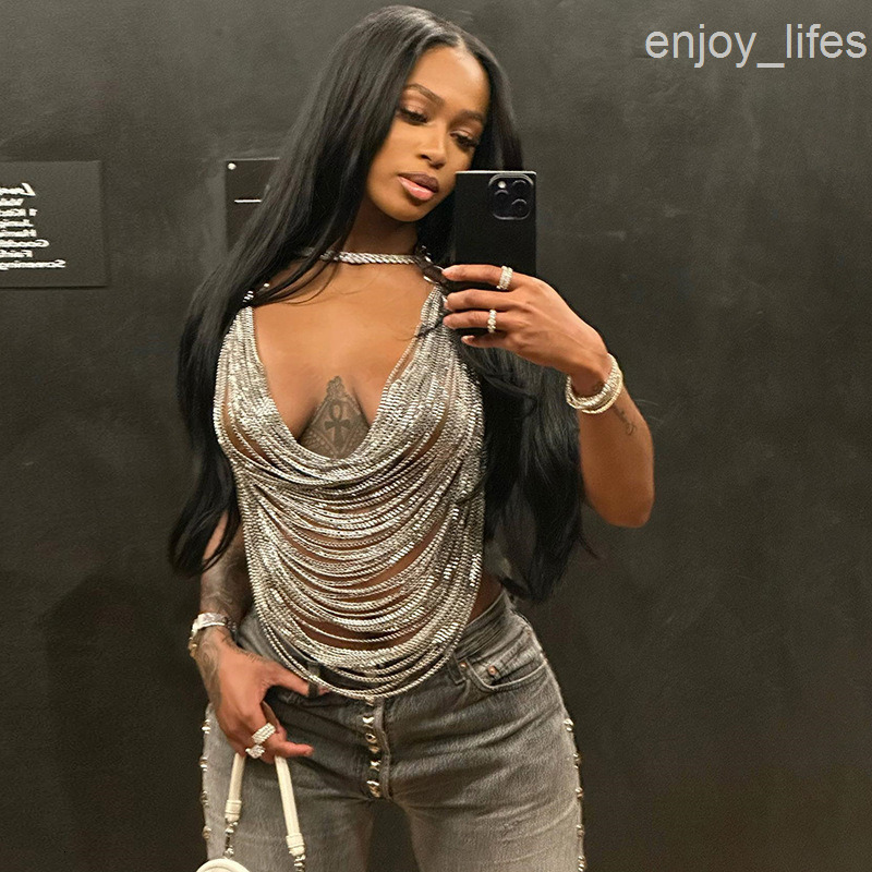 Stage Wear Dance Accessories Women Metal Chain Tassel Tank Top Sexy Deep V Neck Backless Hollow Out See Through Crop Top Body Chain Party Club Camisol