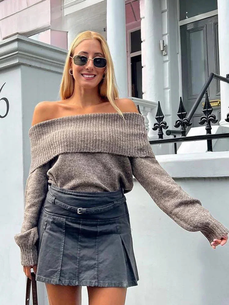 Women Fashion Slash Neck Strapless Off The Shoulder Winter Sweater Female Sexy Casual Long Sleeves Knitted Slim Fitting Pullover 250731