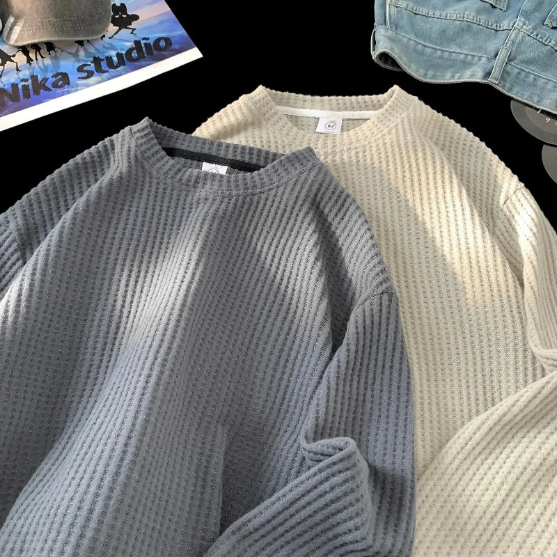 Basic Casual Waffle Long Sleeve Mens Oversized Lightweight Sweatshirt Breathable Loose Round Neck Unisex Clothing 250729