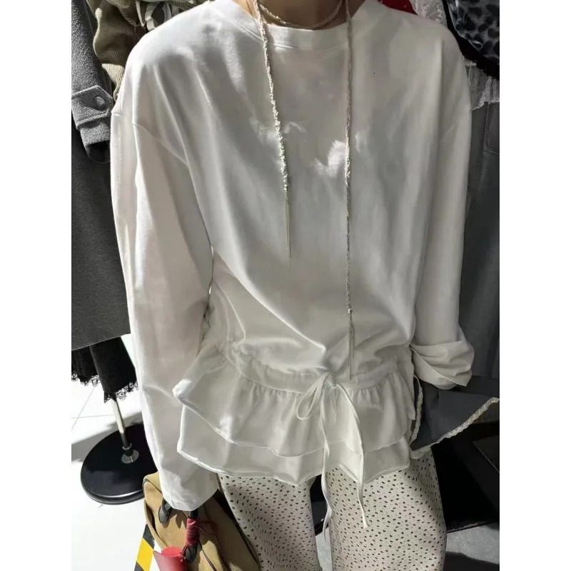 Deeptown Basic Gray Ruffles Knitwear Women Drawstring Long Sleeve Korean Fashion Pullovers Loose Solid Color Casual Autumn 250731