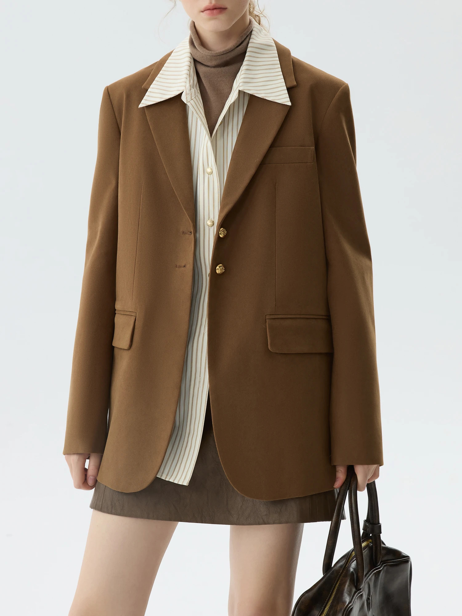 FSLE Women Brown Blazers Faux Suede SingleBreasted Winter Loose Casual Notched Collar Coats 24FS14710 250731