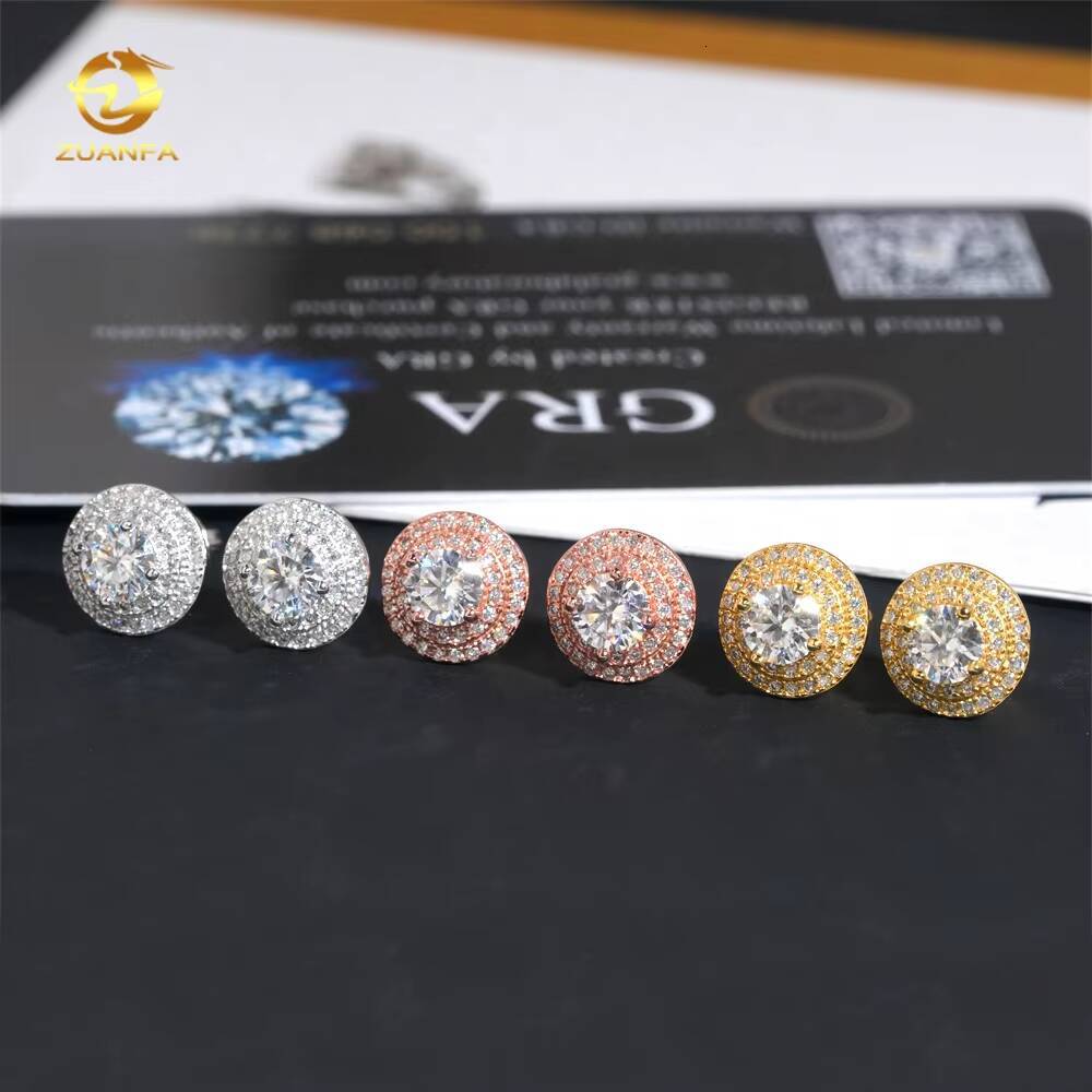Hot Sale High Quality Two Row Halo 5mm Center Diamond Stud 925 Silver 18k Gold Stud Moissanite Earrings
