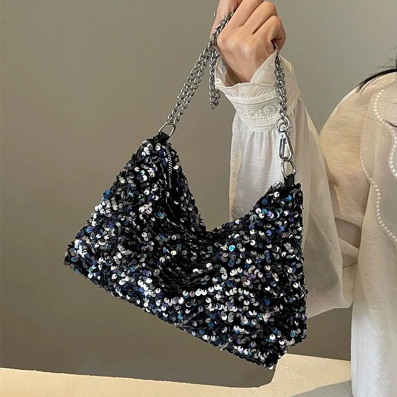 Women Bling Shoulder Bag Chic Sequins Glitter Underarm Sling Bag Adjustable Chain Strap Crossbody Bag Commute Shopping Handbags 250731
