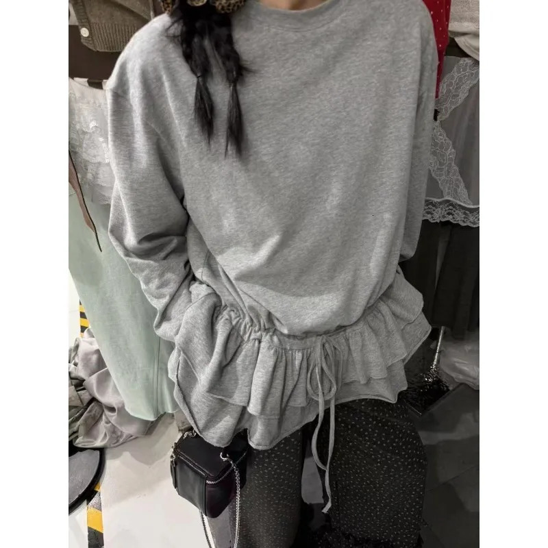 Deeptown Basic Gray Ruffles Knitwear Women Drawstring Long Sleeve Korean Fashion Pullovers Loose Solid Color Casual Autumn 250731