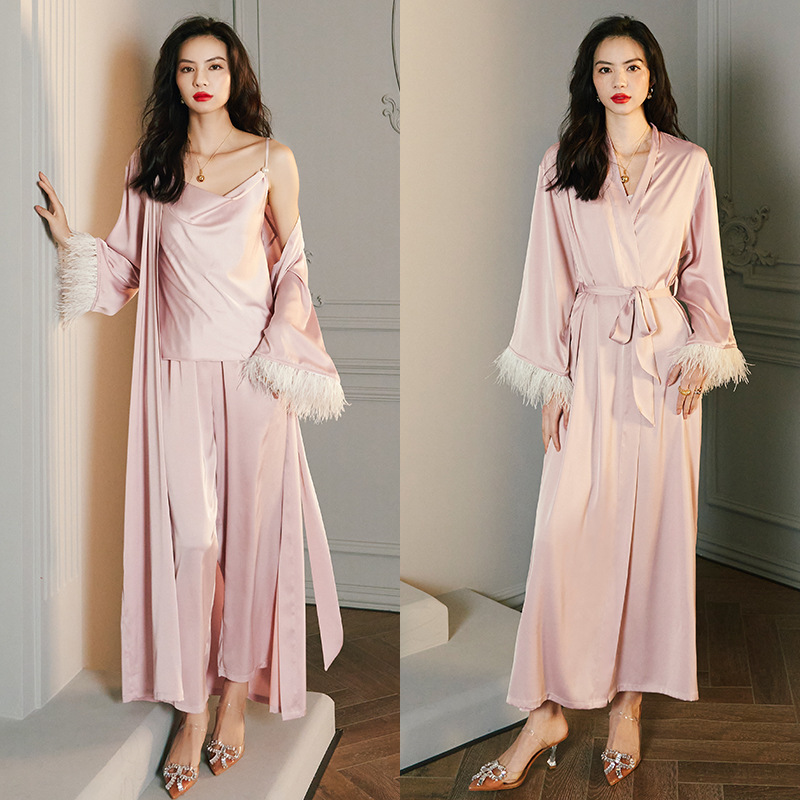Women's long-sleeved satin ice silk pajamas with feather-trimmed nightgown, camisole long pants and homewear set