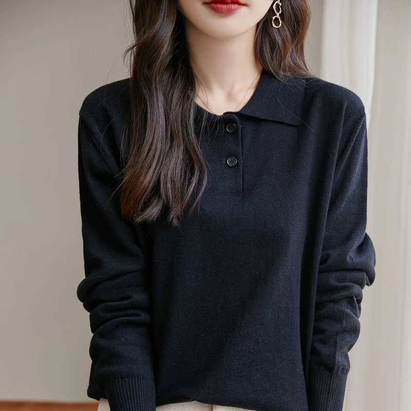 Women 100% Cotton Sweater Polo Collar Pullover Casual Solid Color Knitwear Long Sleeve Spring Autumn Bottoming Clothing Tops 250731