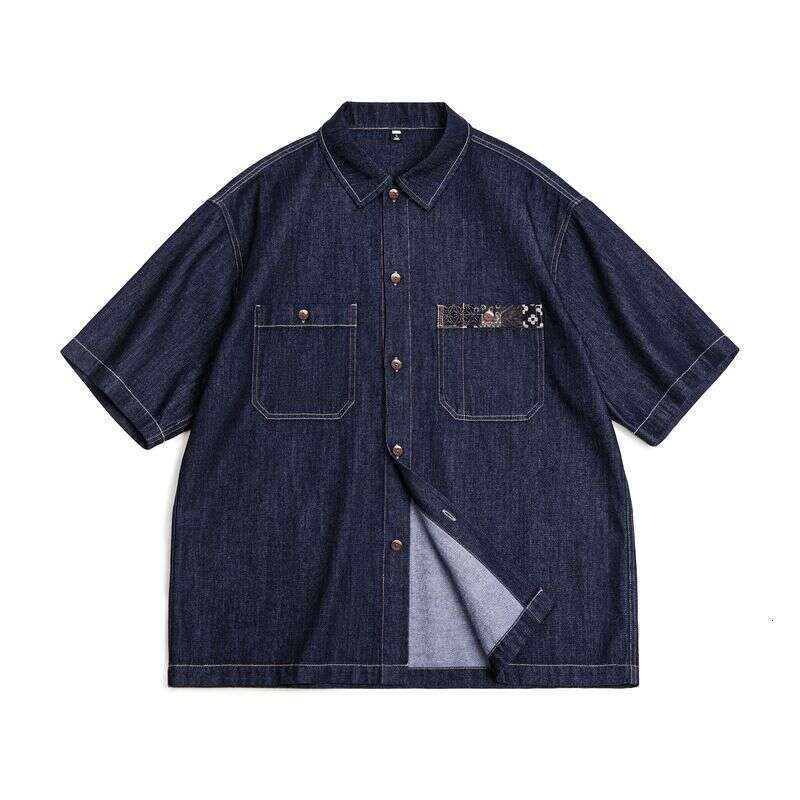 Designer Clothing 2025 Maden Retro Boro Denim Short Sleeve Shirt Men Summer Indigo Dyed Lapel Single Breasted Casual Overshirt Street Outfits Blouse