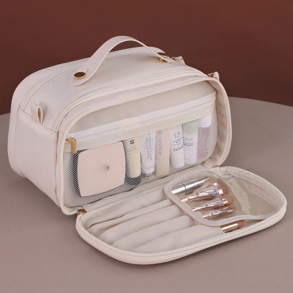 Pink Waterproof PU Leather Multifunctional Makeup Bag Double-Layer Large Capacity Portable Travel Cosmetic Bag Toiletries Storag 250731