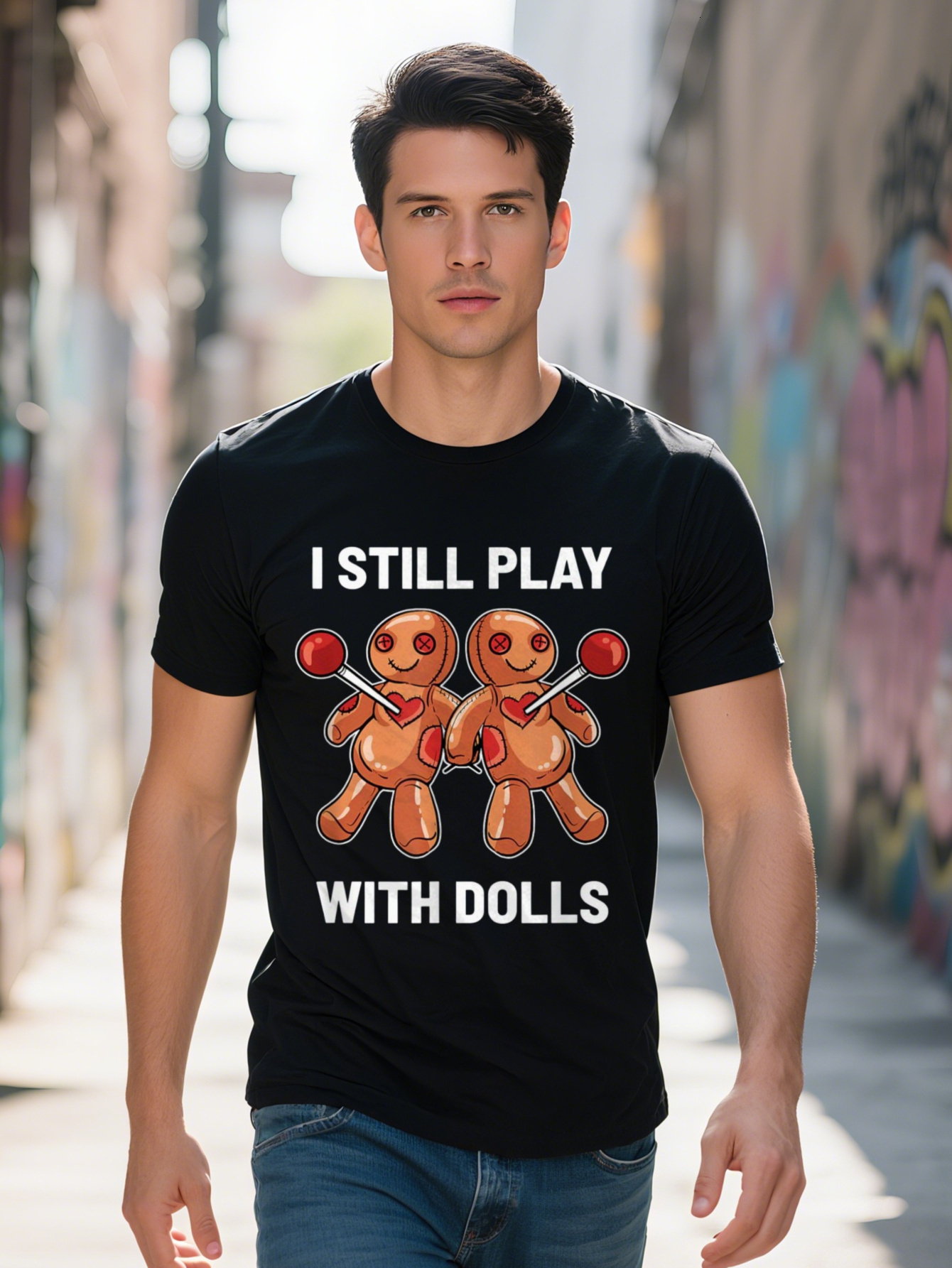 Men's i Still Play Dolls Funny Graphic - 100% Cotton, Black Casual Crew Neck T-Shirt with Gingerbread Man Design, Short Sleeve, Suitable for Adul