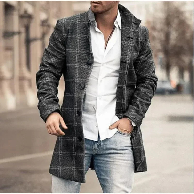 Checkered Mens Trench 2025 Coat Autumn Winter Outdoor Casual Fashion Windproof Woolen Jacket Clothing 250729