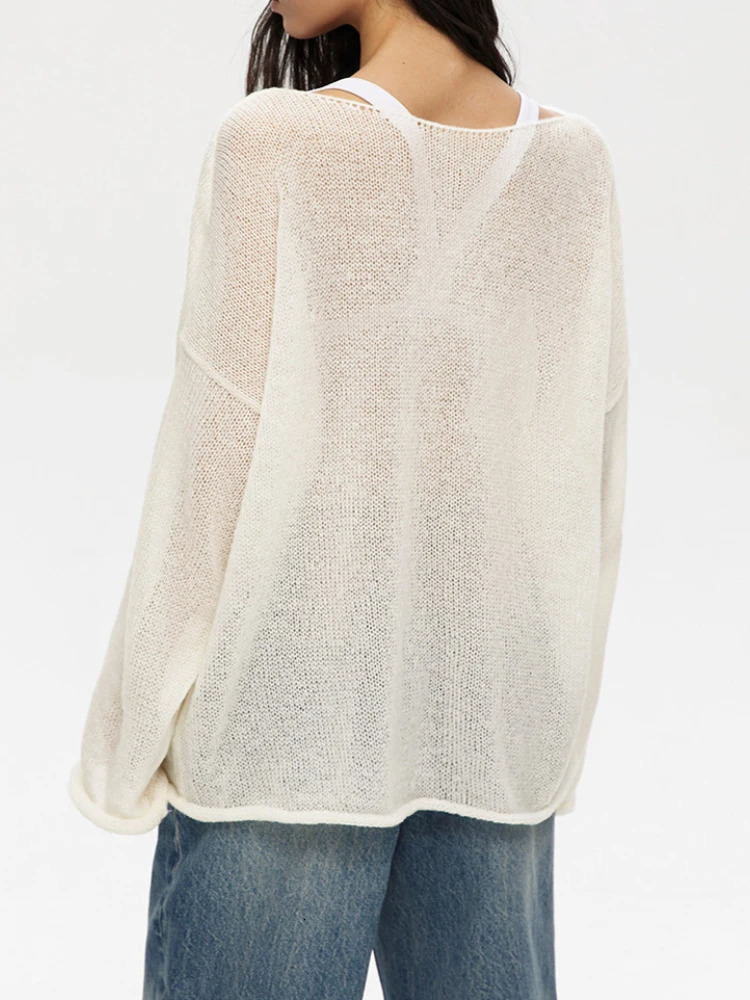 Spring Summer Hollow Knitted Oversized Sweater T Shirt Round Neck Long Sleeves Tops Loose Elegant Pullover for Women Clothing 250731