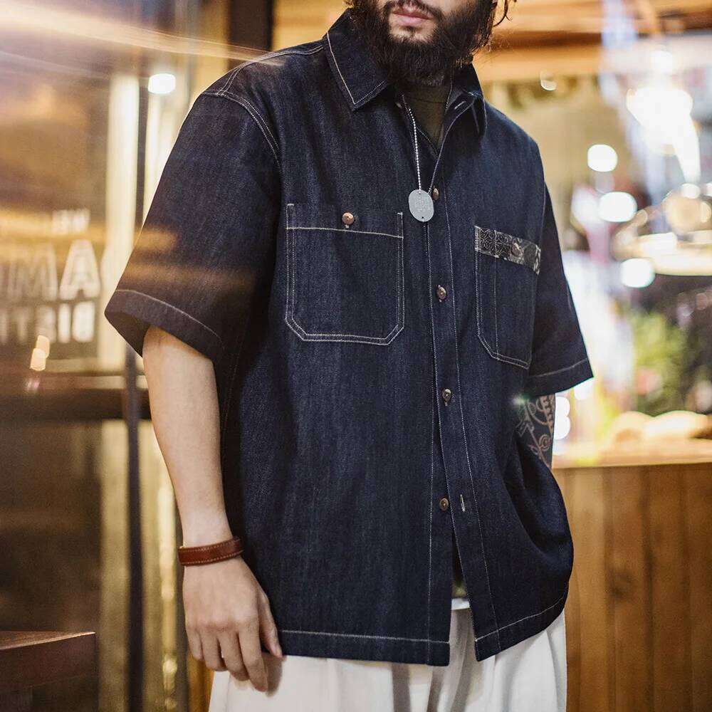 Designer Clothing 2025 Maden Retro Boro Denim Short Sleeve Shirt Men Summer Indigo Dyed Lapel Single Breasted Casual Overshirt Street Outfits Blouse