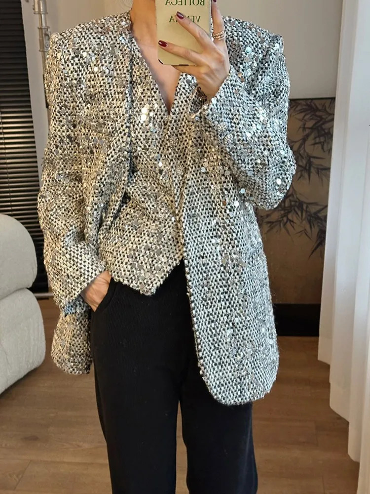 ner Women Shiny Sequined Tweed Jacket Punk Style Stage Show Mid Long Blazer Suit Coat Loose Fit V Neck Party Outwear 250731