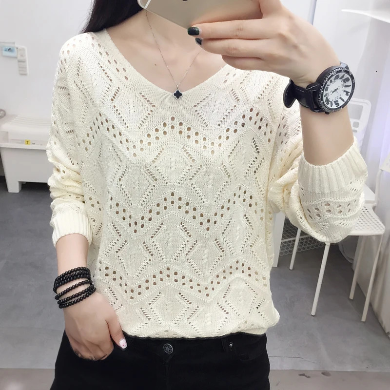 Pointelle Knit Top Long Sleeve Cropped Plain Pullover Women Jumper Knitwear Spring Summer Basic Outfit 250731