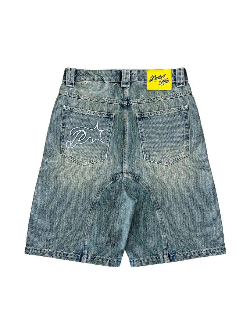 Men's Shorts Lightweight Quick-Drying Retro casual American street embroidery trend loose Harajuku washed denim five quarter shorts summer