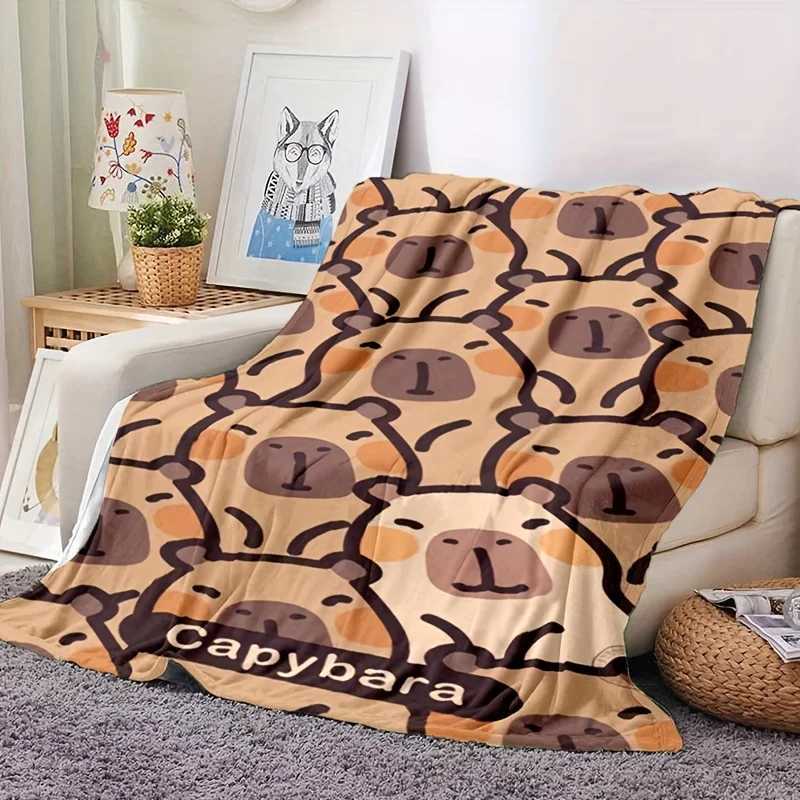 Capybara Cartoon 3D Printed Flannel Blanket - Soft Lightweight and Warm | Champagne with Brown and Black Accents | Tear-resista Y250731