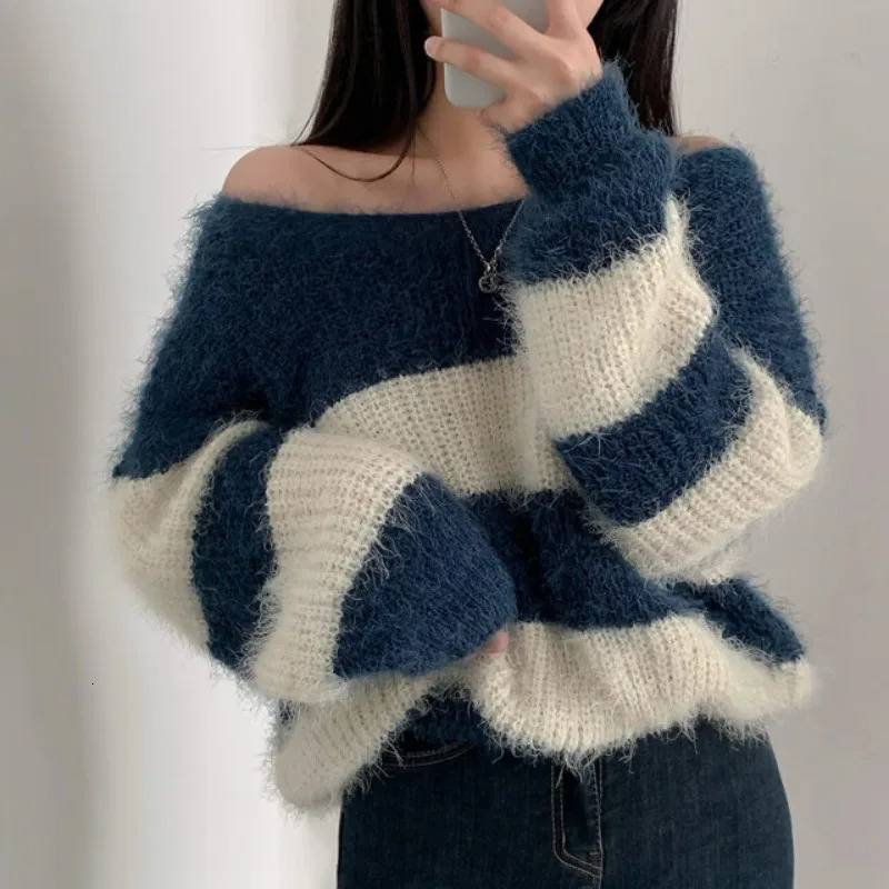 HELIAR Women Striped Patchwork Sweater ONeck Long Sleeve Mohair Elegant Pullovers Warm Loose Jumpers Autumn Winter 250731