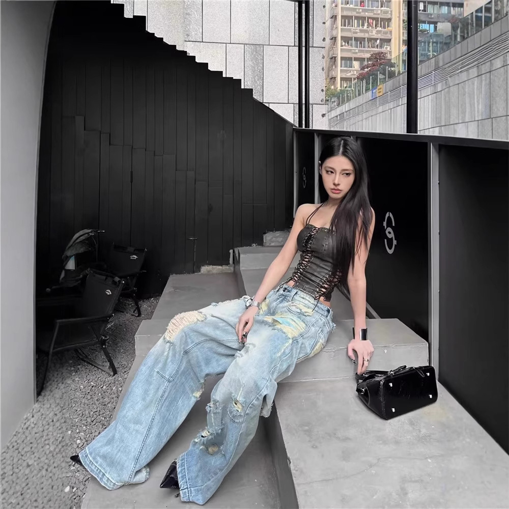 2025 Summer New Street Style Women's Low Waist Wide Leg Teared Jeans Summer Thin Loose High Waist Long Beggar Pants Designer Women's Pants