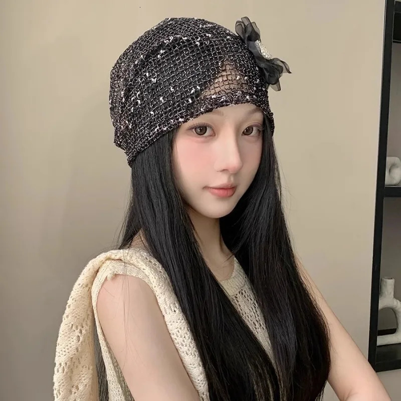 Korean Version Niche Hollow Pearl Flower Mixed Color Pullover Hat Womens Summer Y2k Trend Breathable Skull Beanie Cap Gorras 250730