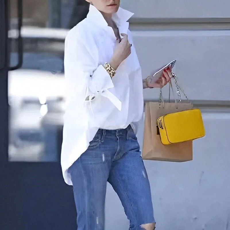 Plus Size Womens Shirt Simple and Elegant Style Solid Color Lapel Loose LongSleeved Suitable for Work Clothing Outing 250731