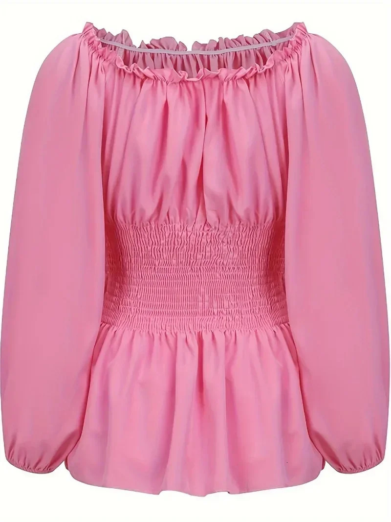 Womens Summer Plus Size 1XL5XL Outfits Versatile Solid Color Long Sleeve Blouse Fashion Off Shoulder Lace Up Corset Shirt 250731