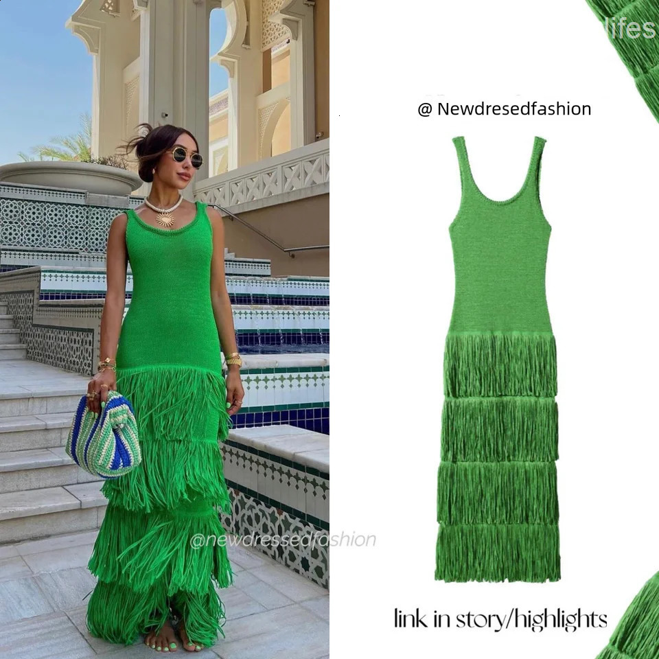 Summer Solid Color Knitted Fringed Tank Dress Sleeveless Womens Dresses Fashionable Elegant Ladies Party Dress