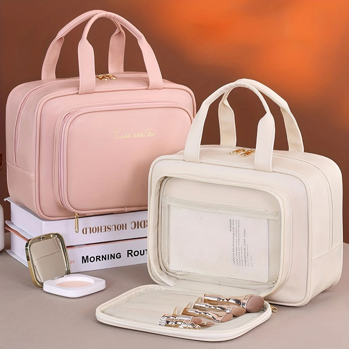 Double-Layer PU Makeup Bag Beauty Makeup Storage Bag With Zipper Close Makeup Brush Bag Business Travel Toiletries Sorting Bag 250731