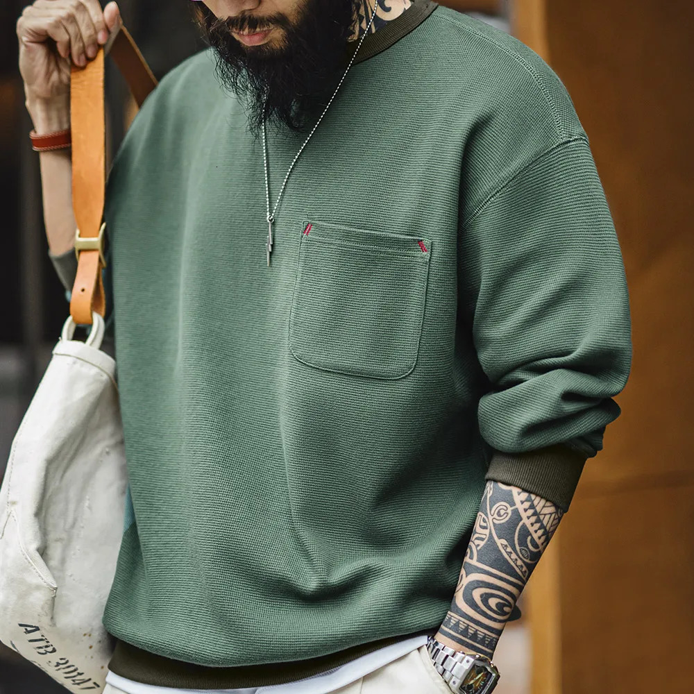Maden Casual Waffle Knit Pocket Hoodie Mens Spring Loose Fit Long Sleeve Pullover Round Neck Sweatshirt Comfortable TShirt 250729