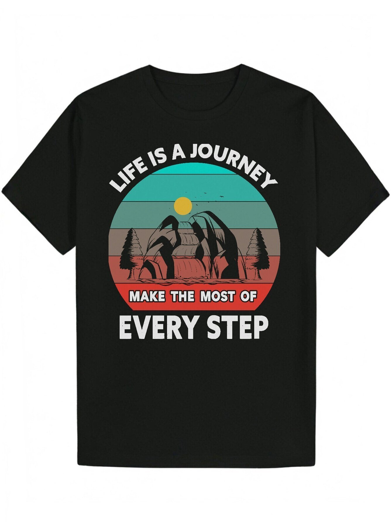 Men's Summer Pattern Printed Polyester T-Shirt - "Life is a Journey" Inspirational Design, Round Neck, Casual Fit, Machine Washable, Bl