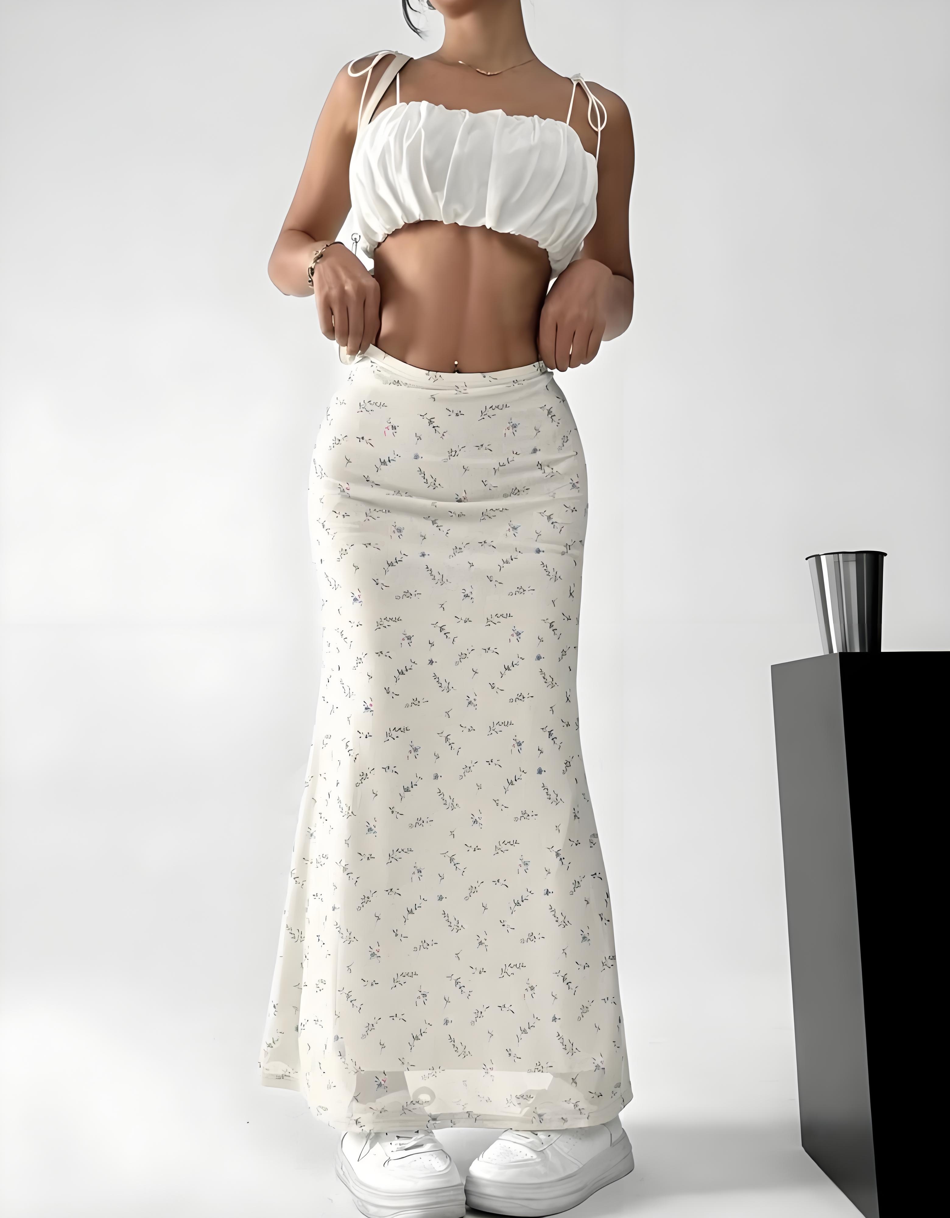 High-waisted figure-hugging floral fishnet skirt for women