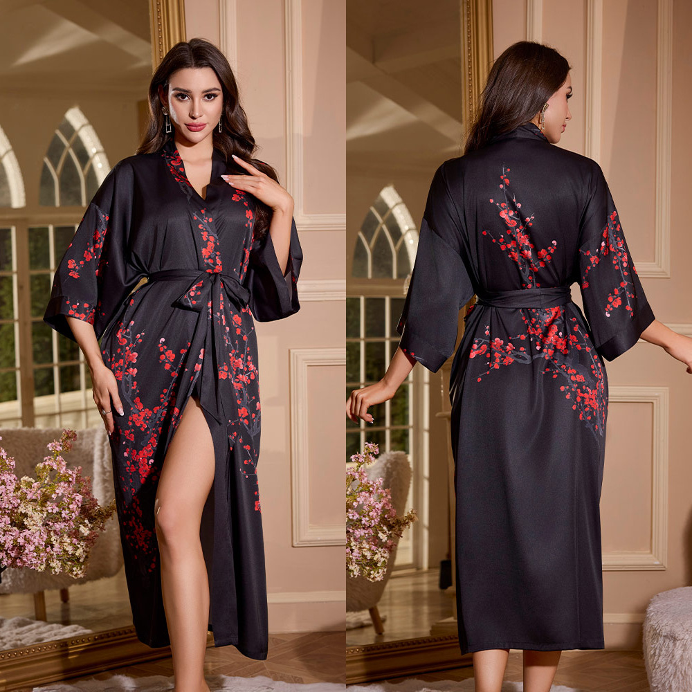 Outfits For Woman Light luxury women's printed satin pajamas plus size luxurious three-quarter sleeves long style cool feeling women's home 