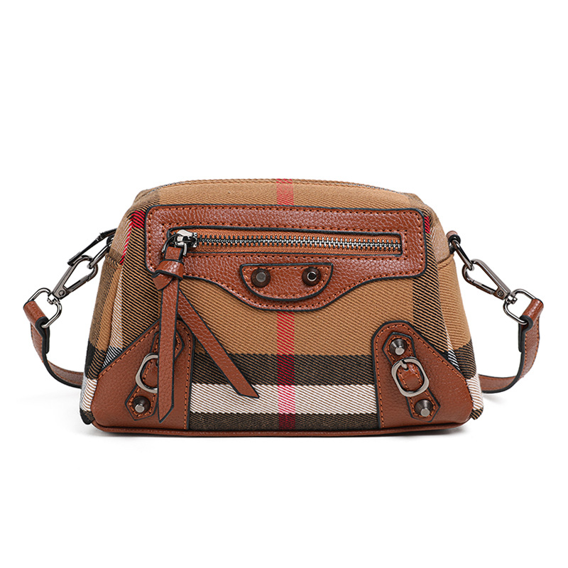 new genuine leather canvas bags plaid camera bags single - shoulder cross - body bags small square bags color - blocked women's bags rivet smilin