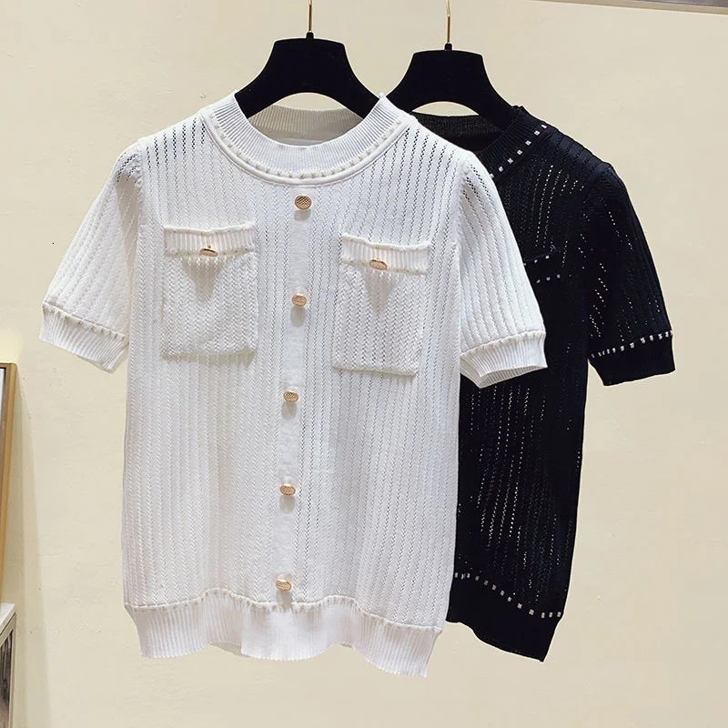 Summer Casual Button Thin Knitted T Shirt Women Hollow Out Tee Femme Tops Shirts Female Tshirt Woman Clothes White 250731