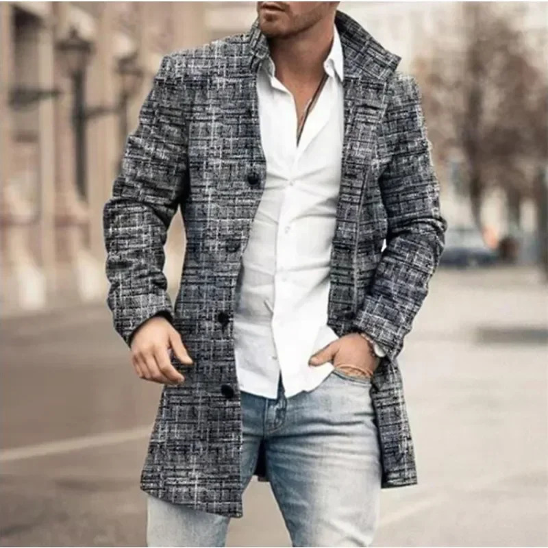 Checkered Mens Trench 2025 Coat Autumn Winter Outdoor Casual Fashion Windproof Woolen Jacket Clothing 250729